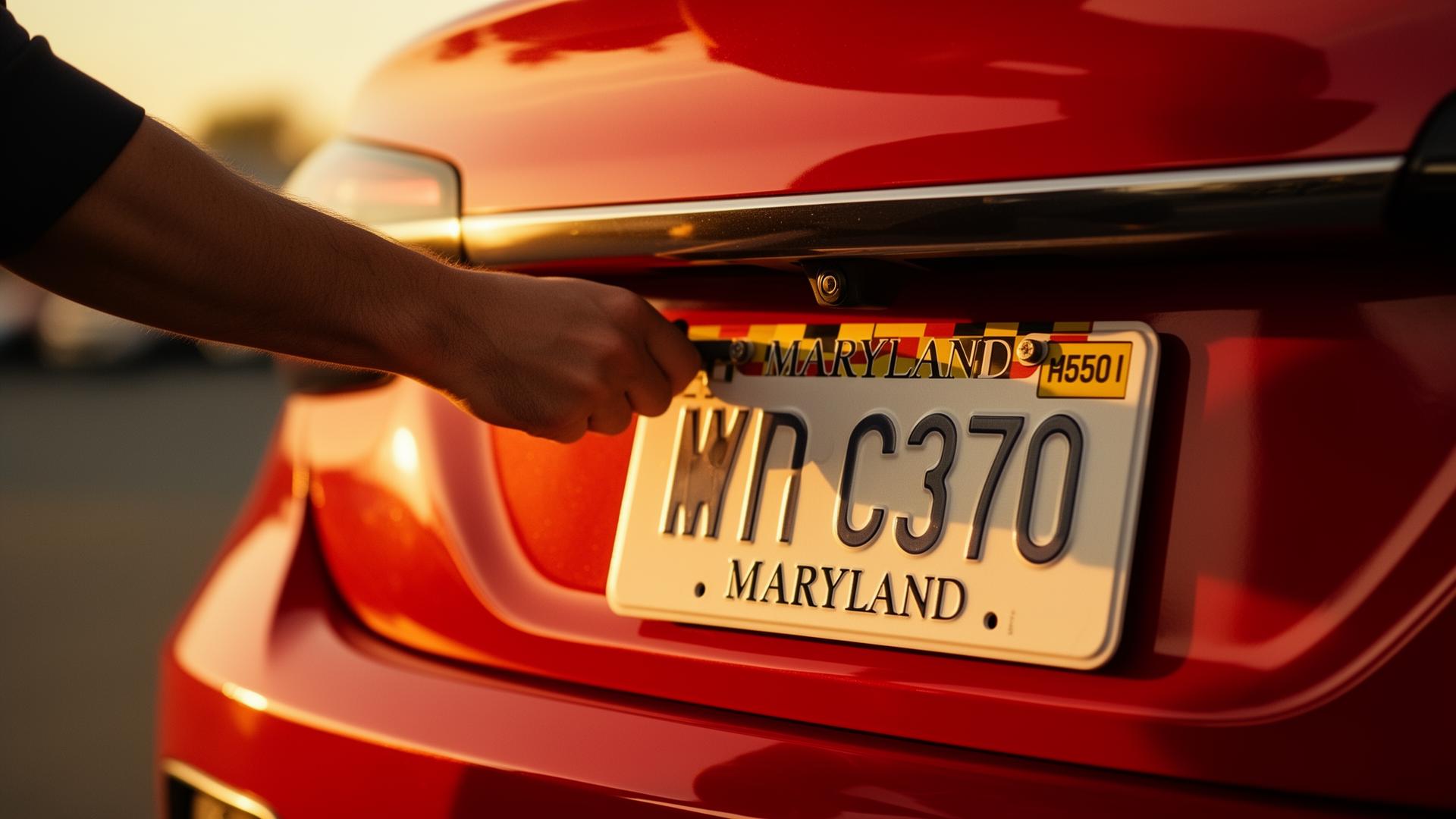 Maryland license plate being installed